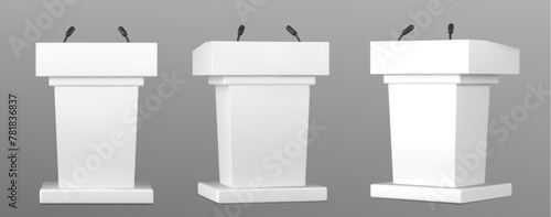 3d white pulpit speech podium with microphone. Rostrum speaker stand for conference isolated vector. Debate or lecture stage for speaking on presentation to audience front and side view illustration.