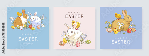 Happy easter square web banner, poster, flyer or greeting card set with hand drawn easter bunny, easter egg, chicken and flowers. Vector illustration