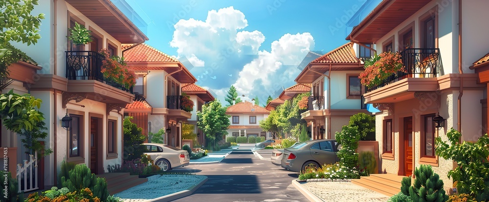 Residential house with balconies and red tile roof. Car in a parking lot.