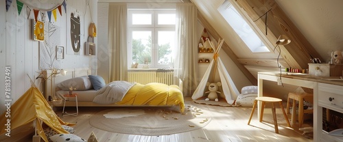 Room for child in apartment in the attic in scandinavian style with minial and simple decor. Brifht indoors with wooden floor and yellow bed. photo