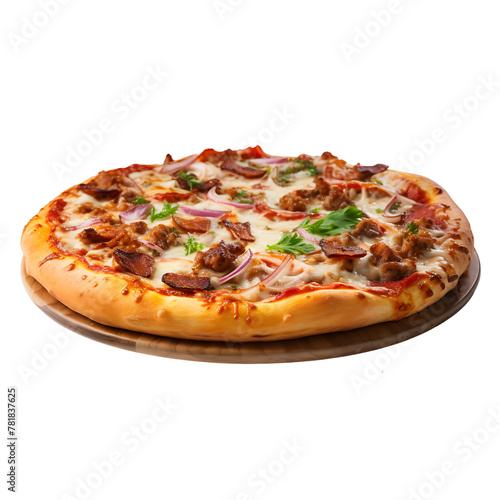 Pizza de carne com queijo sobre tábua de madeira