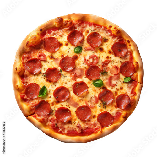 Pizza de calabresa com manjericão vista de cima photo