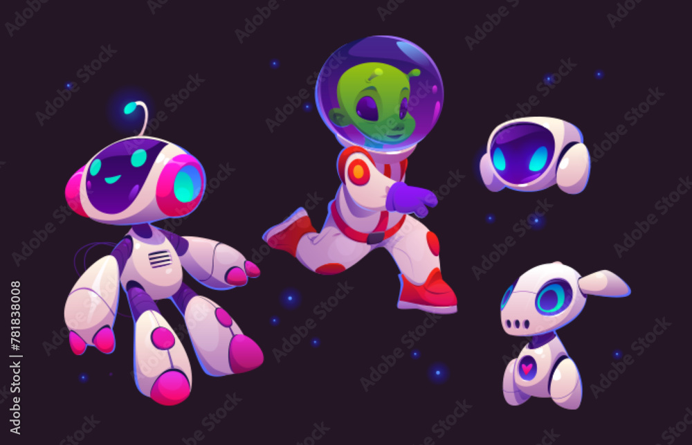 Cute alien astronaut in space with funny robot. Cosmonaut character flying with ai friend in spacesuit. Artificial intelligence baby pet explore and support adventure together. Extraterrestrial cyborg - obrazy, fototapety, plakaty 