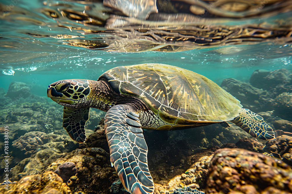 Fototapeta premium An endangered Hawaiian Green Sea Turtle cruises in the warm waters of the Pacific Ocean in Hawaii