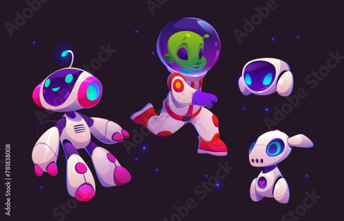 Cute alien astronaut in space with funny robot. Cosmonaut character flying with ai friend in spacesuit. Artificial intelligence baby pet explore and support adventure together. Extraterrestrial cyborg