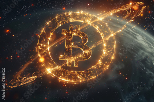 A cosmic event where planets align in the shape of the Bitcoin symbol, illustrating the universal impact of cryptocurrency on finance © Surasak