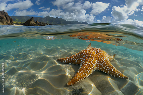 An endangered Hawaiian Green Sea starfish cruises in the warm waters of the Pacific Ocean