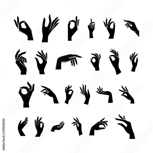 Set of various black silhouette woman hands, different gestures vector illustration template design