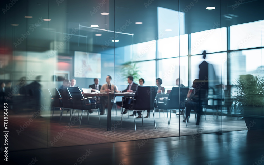 Team Meeting Behind Glass Partition in Corporate Office - business discussion Blurry Out-of-Focus teamwork, privacy in the workplace.