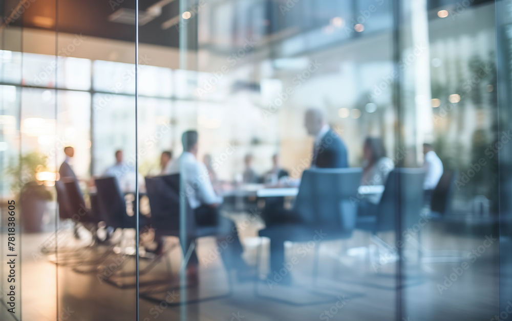 Team Meeting Behind Glass Partition in Corporate Office - business discussion Blurry Out-of-Focus teamwork, privacy in the workplace.