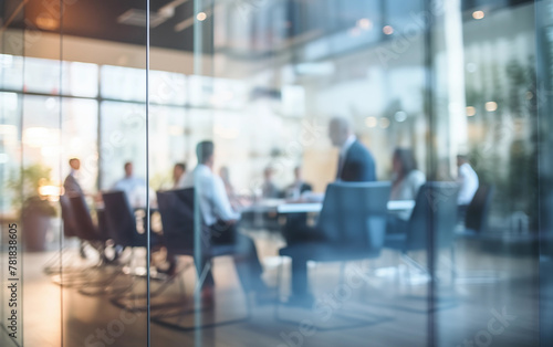 Team Meeting Behind Glass Partition in Corporate Office - business discussion Blurry Out-of-Focus teamwork, privacy in the workplace.