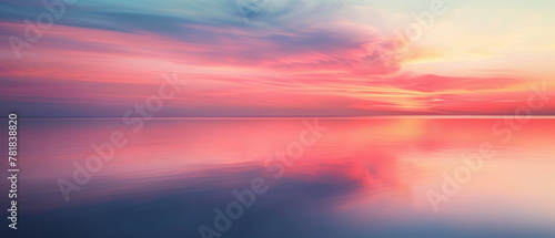 Vibrant Sunset Reflection on Calm Waters, Tranquil Seascape with Pastel Sky and Serene Horizon