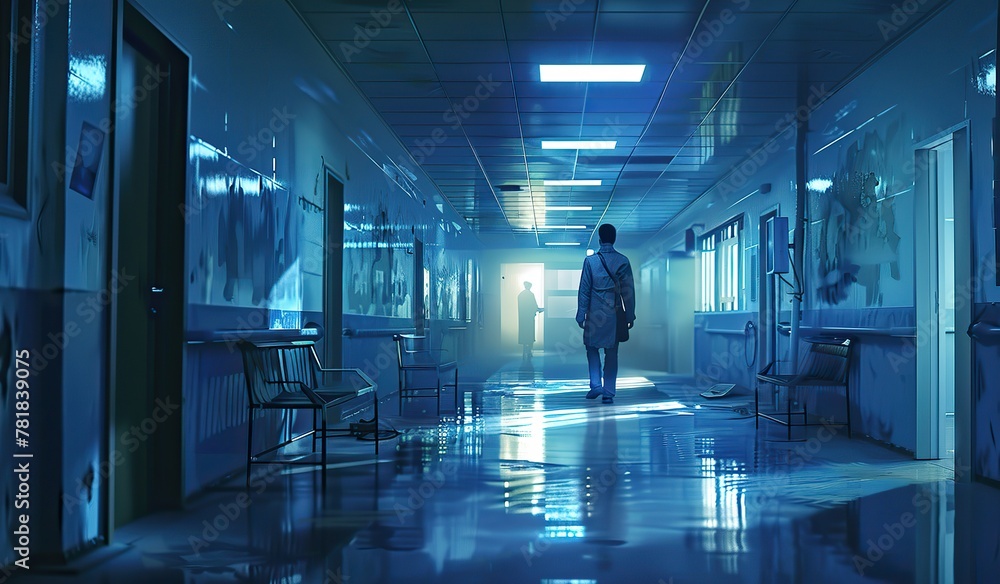 Mysterious figure in a dimly lit futuristic corridor Mysterious figure in a dimly lit futuristic corridor