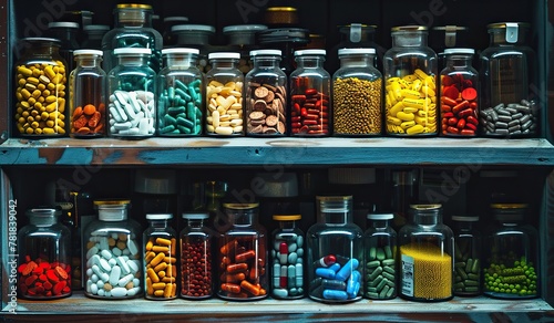 Vibrant array of assorted pills in glass jars on shelves