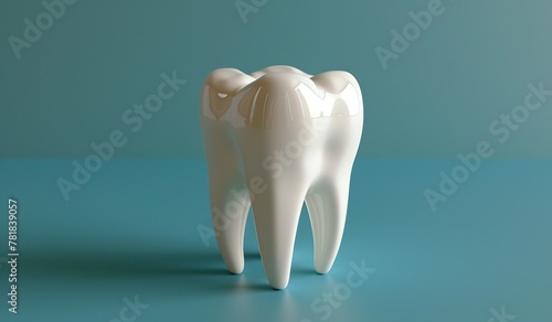 Shiny ceramic tooth model on a blue background for dental care concepts
