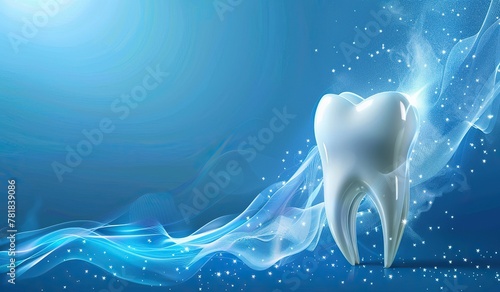 Sparkling clean tooth with blue dynamic waves on a dreamy background