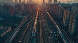 A train passing in city. Aerial high view. Generative AI.