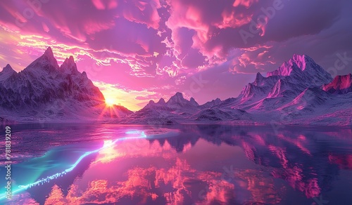 Stunning pink sunset over tranquil mountain lake landscape