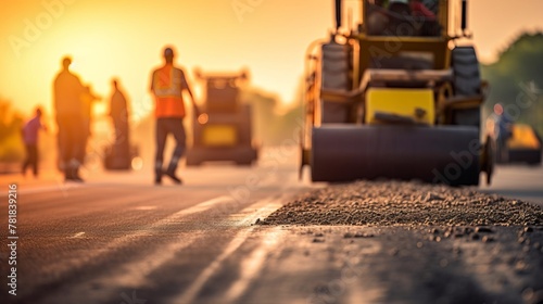 Process of asphalting and paving, asphalt paver machine and steam road roller photo