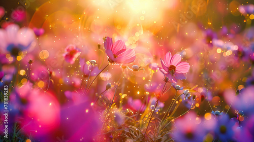 Soft Pastel Meadow in Bloom, Pink and Yellow Cosmos Flowers, Serene Nature and Springtime Beauty