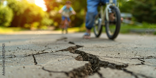 Boy riding a bike and big crack on road in frint. Poor condition of the road surface. Spring season. Hole in the asphalt, risk of movement by car, bad asphalt, dangerous road, potholes in asphalt. 
