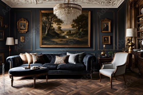 Spanish Colonial Elegance: Antique Dark Interior with Black Sofa, Soft Pastels, and Porcelain Plates photo