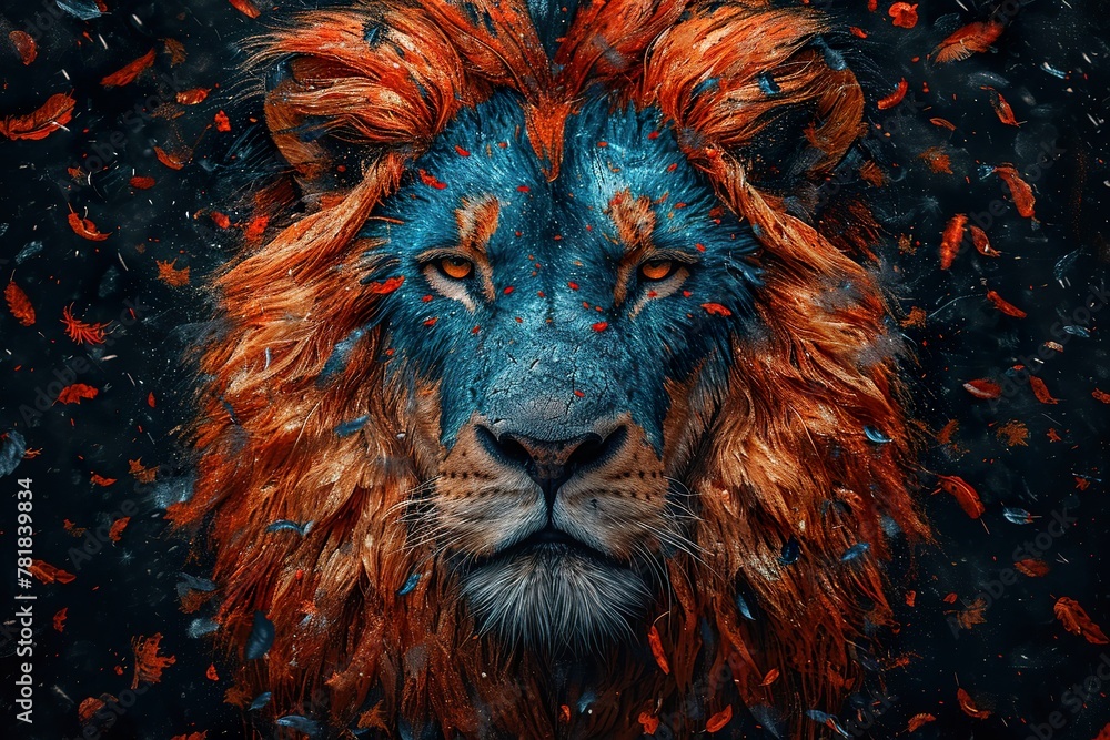 Lion portrait with color paint and feathers on black background