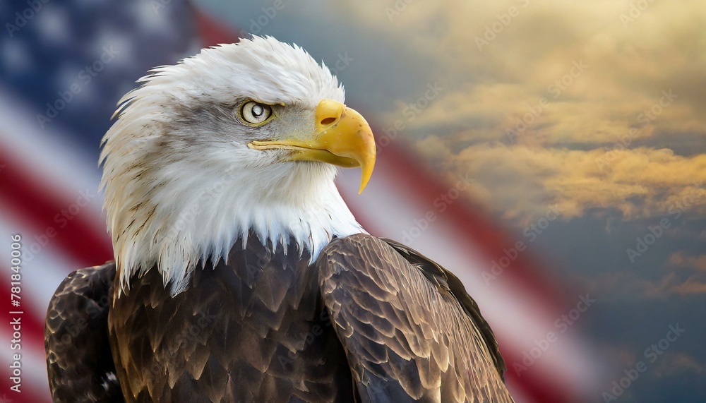 Obraz premium A bald eagle is standing in front of the American flag, Concept of patriotism and pride in the United States