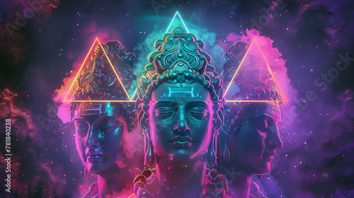 brahma, vishnu and shiva facing outward triangle formation, modern picture with neon colors and light coming up photo