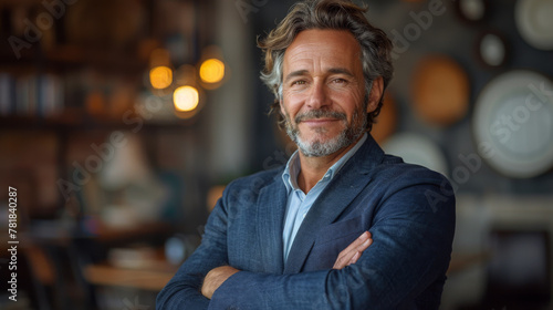 Happy mid aged business man ceo standing in office arms crossed. Smiling mature confident professional executive manager, proud lawyer, confident businessman leader wearing blue suit, portrait.