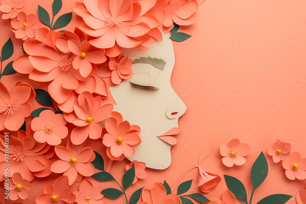 8 March. International Women's Day greeting card. Paper art pink flowers, leaves, woman silhouette.