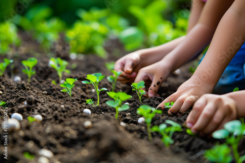 Children's hands in soil planting seeds, promoting growth and life in a sustainable environment