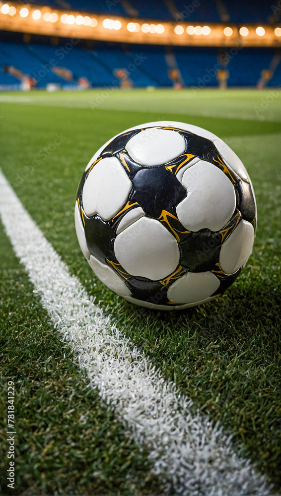 view of a pristine white line on a soccer pitch with a soccer ball under the glistening lights of the stadium