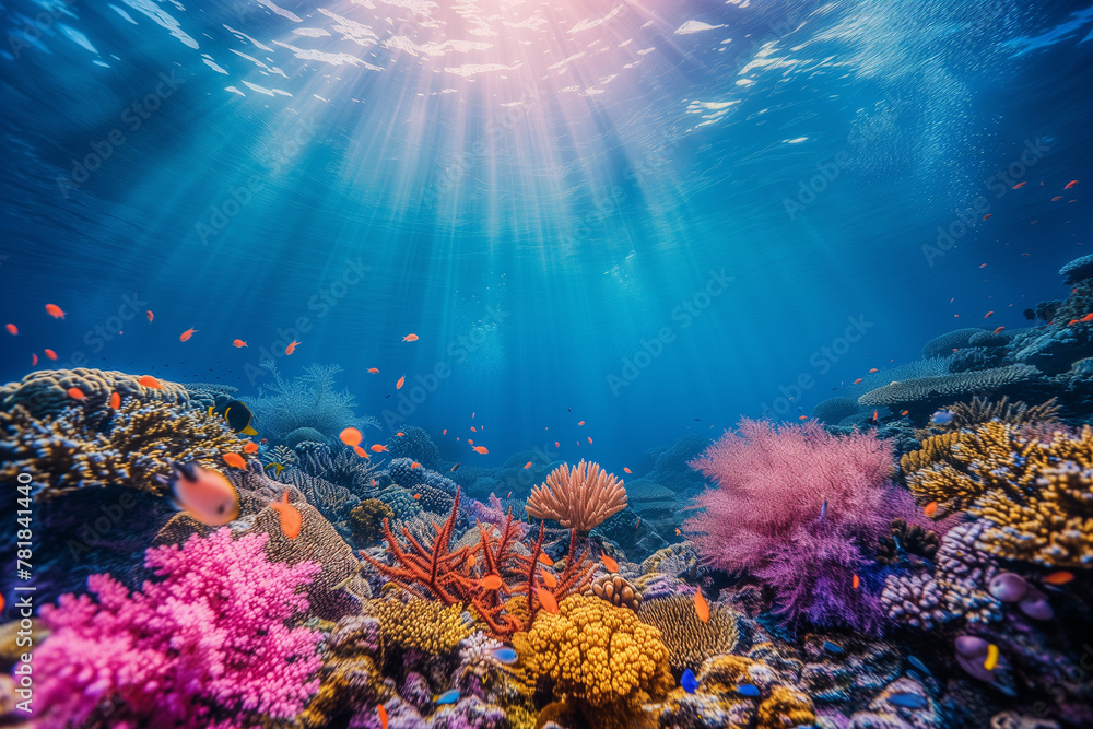 Obraz premium Sun beams shinning underwater on the tropical coral reef.Ecosystem and environment conservation