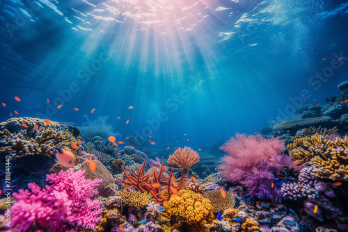 Sun beams shinning underwater on the tropical coral reef.Ecosystem and environment conservation