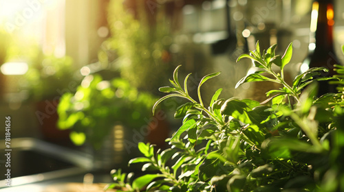 Sunbeam highlighting fresh culinary herbs  emphasizing home cooking with garden produce