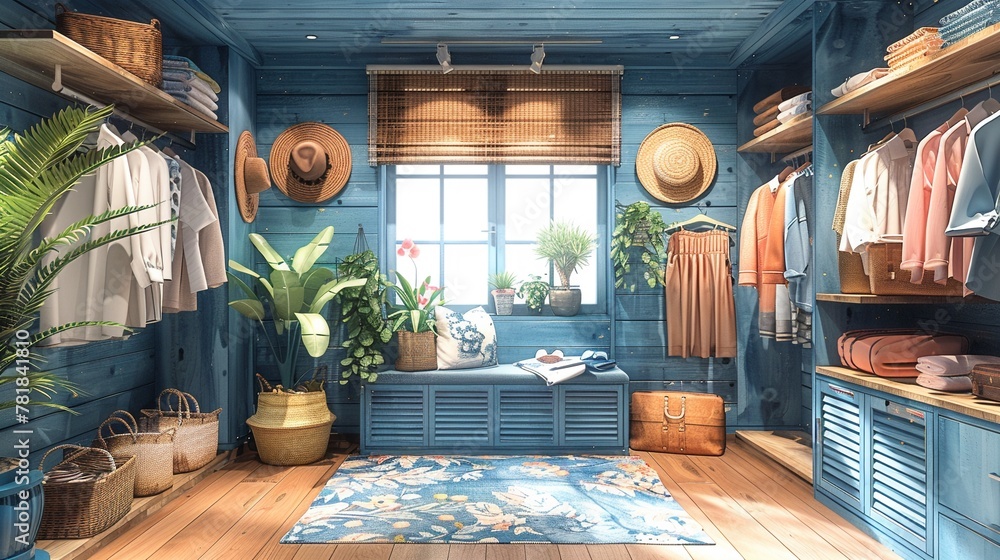 Naklejka premium Paint your dressing room with watercolors and a playful cartoon style against a pristine white backdrop. Let Midjourny 6 inspire your creative flair.