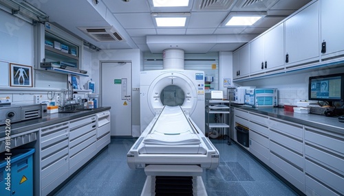 A CT scan machine is positioned at the center of the room photo