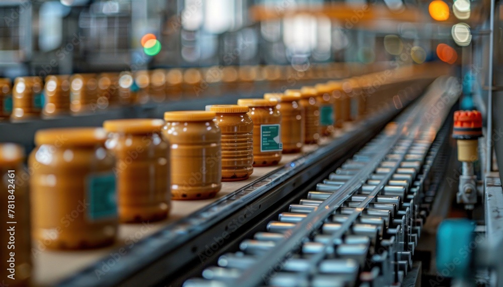 Conveyor belt in factory moves peanut butter jars Conveyor belt in factory moves peanut butter jars