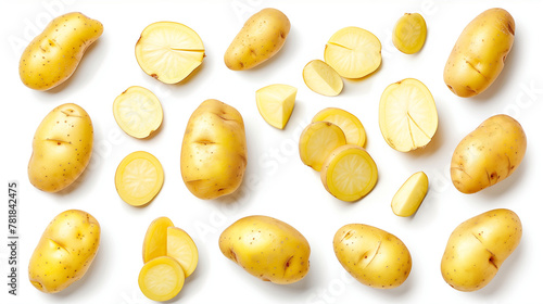 Top view of a diverse assortment of fresh potatoes isolated on a white background, featuring various types ranging from russet to red and golden, alongside a selection of whole, halved, and sliced  photo