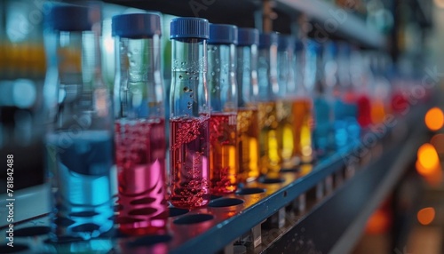 Lineup of test tubes with colorful liquids on shelf