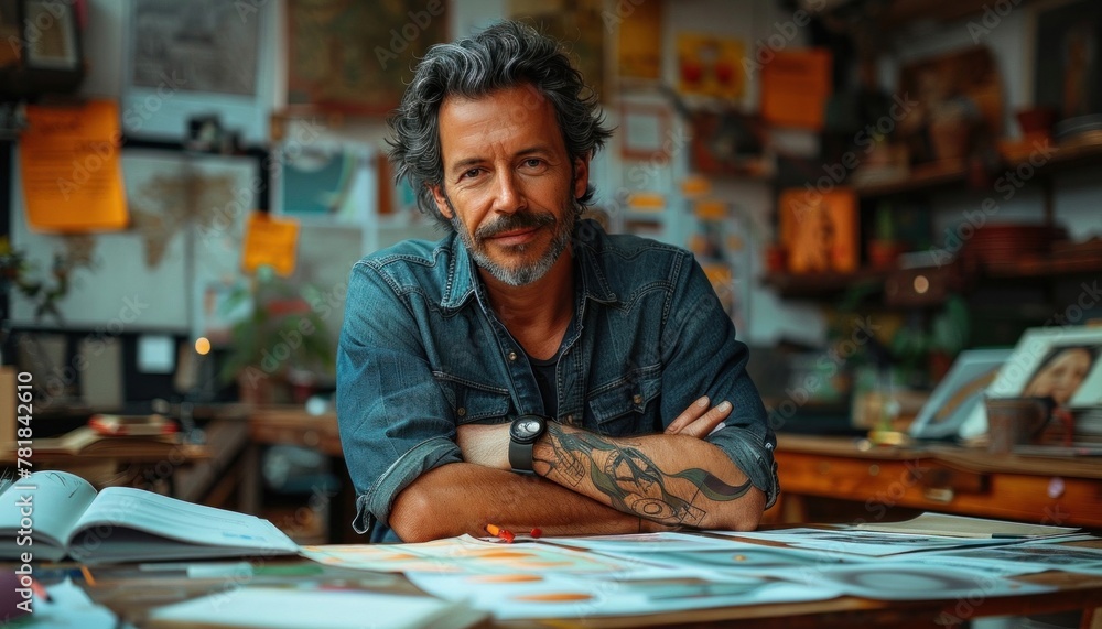 a man with a tattoo on his arm is sitting at a table with his arms crossed a man with a tattoo on his arm is sitting at a table with his arms crossed