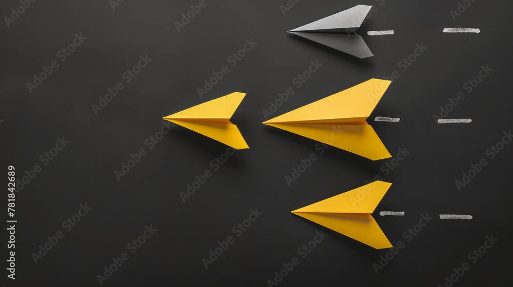 Black background with paper airplanes and yellow airplane drawing on it Black background with paper airplanes and yellow airplane drawing on it