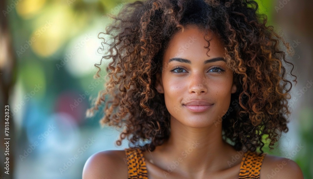 A woman with curly Jheri curl hair is happily smiling at the camera A woman with curly Jheri curl hair is happily smiling at the camera