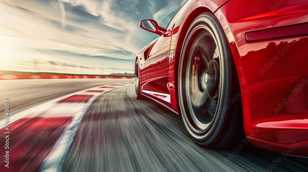 Dynamic image of a red sports car racing at high speed on a track with motion blur.