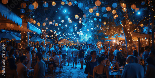 A open air blue themed party at night, the place is crowded. Generative AI. photo