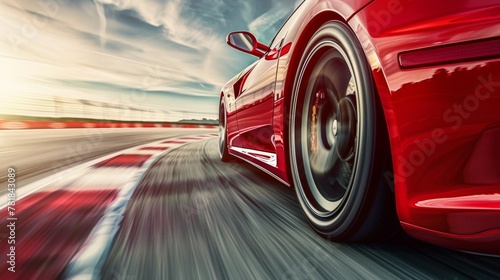 Dynamic image of a red sports car racing at high speed on a track with motion blur. © tashechka