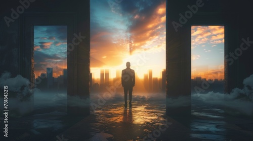 A solitary figure stands before open doorways leading to a cityscape enveloped in clouds during sunset, conveying choice and future.