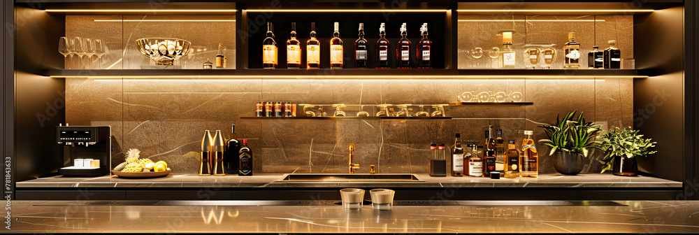 Stylish Bar or Cafe Interior, Elegant Drink Setup with Glasses and Bottles, Modern Nightlife and Hospitality Design Stylish Bar or Cafe Interior, Elegant Drink Setup with Glasses and Bottles, Modern Nightlife and Hospitality Design