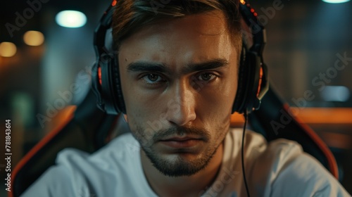 Serious young man with a headset gaming in a dark, moody environment, focused and determined.